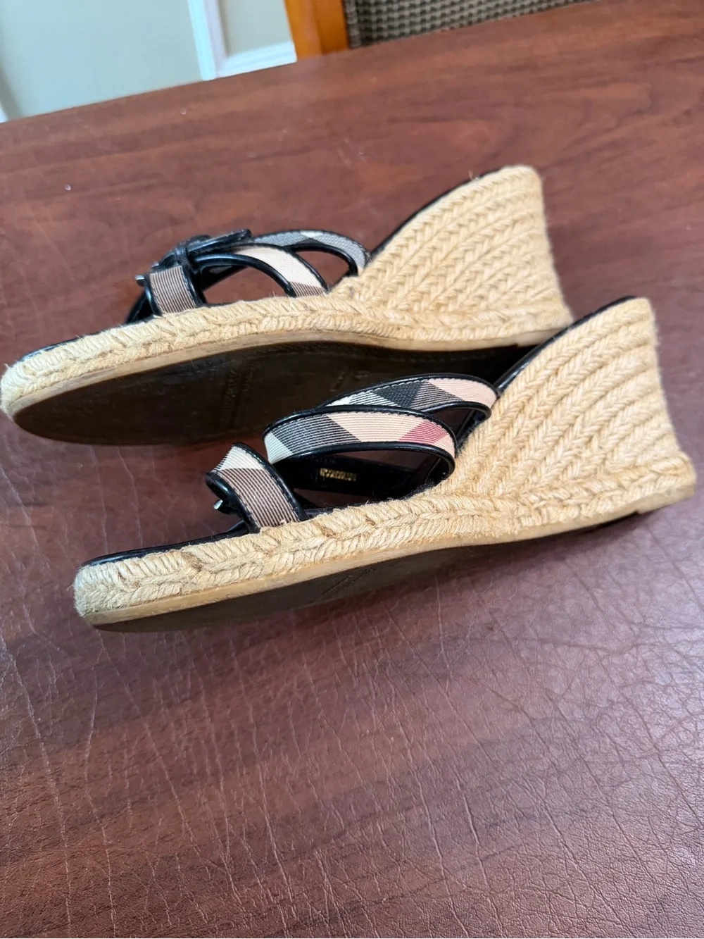 Burberry Black with Beige Check Espadrille Slide Sandals